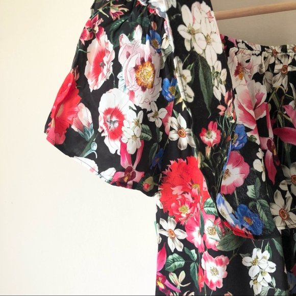 Zara Black Floral Off the Shoulder Ruffle Top XS - Picture 2 of 8
